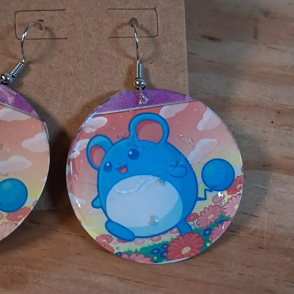 Handmade Marill Earrings Round Resin Card Jewelry Hook Back Blue Bounce